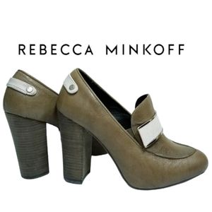 Rebecca Minkoff RAVEN LOAFER Tan & Off White Leather Chunky Heel Pumps Sz 7